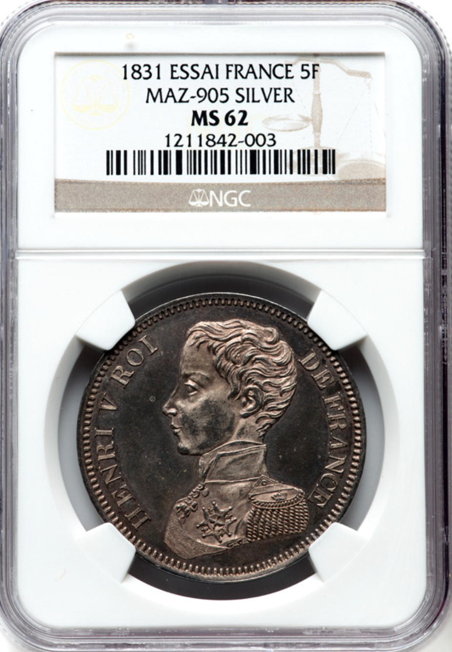 1848 フランス共和制 ESSAI 試鋳貨 5フラン MS62 NGC ホワイトメタル