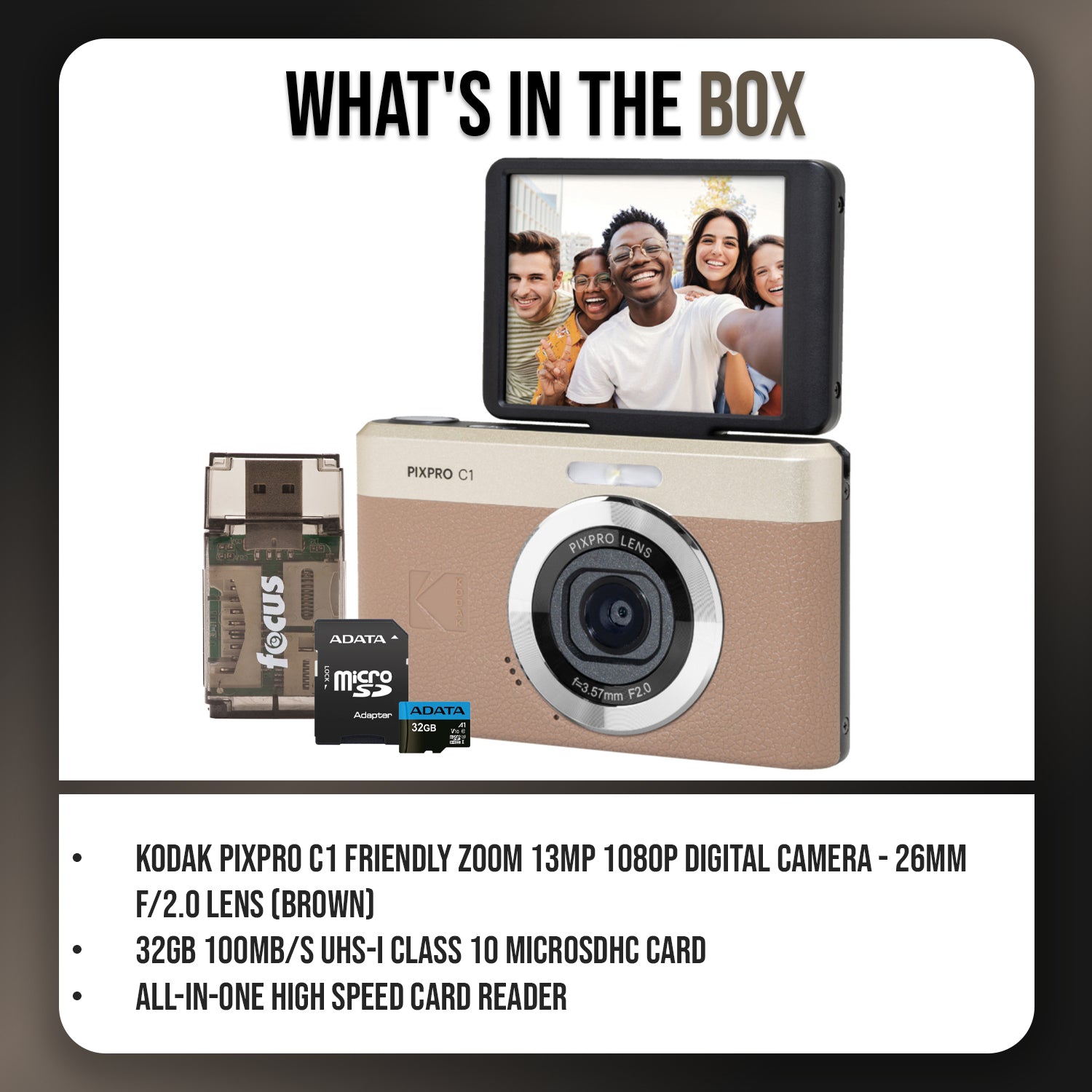 KODAK PIXPRO C1 13MP Digital Camera (Brown) with MicroSD Card and