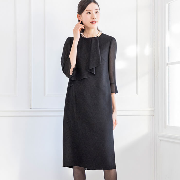 洗える｜フェミニンな絡み織りワンピース 9号・ブラック｜東京