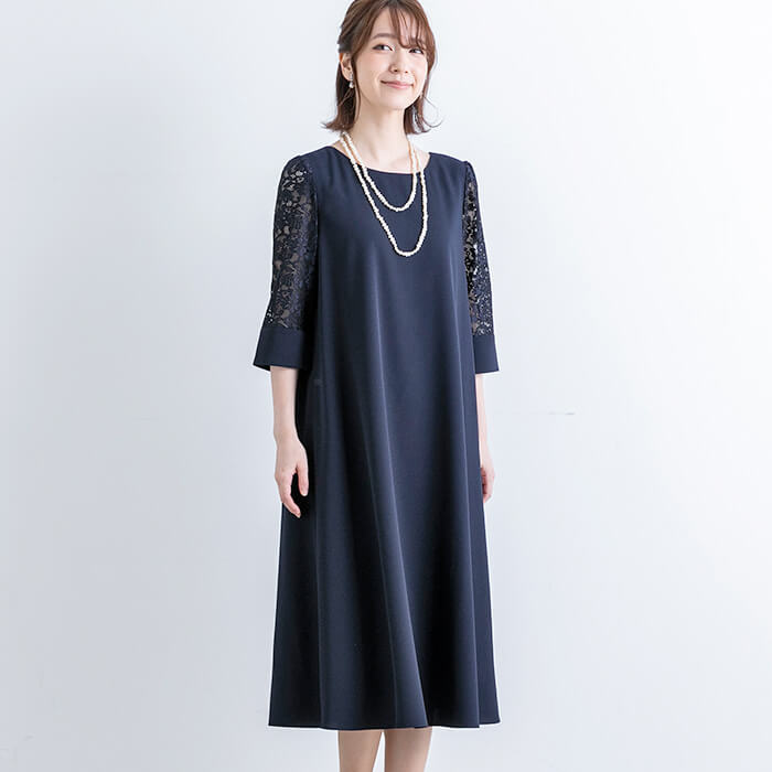 レース袖のワンピース 9号・ネイビー｜東京ソワールオンラインストア
