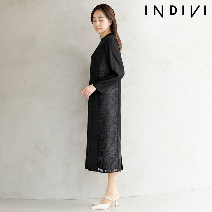 Iラインシルエットのレース切替ワンピース 9号・ブラック｜東京