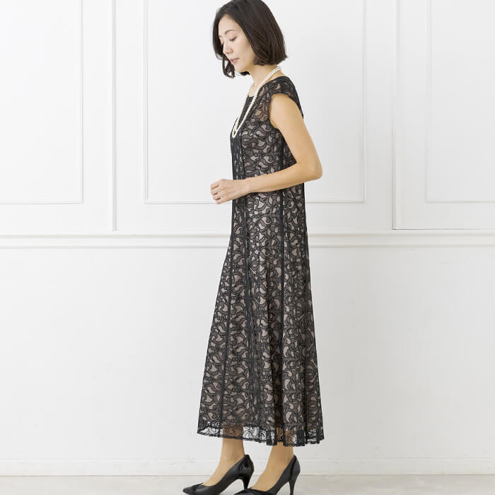 チュール刺繍の大人ワンピース 9号・ブラックBK｜東京ソワール