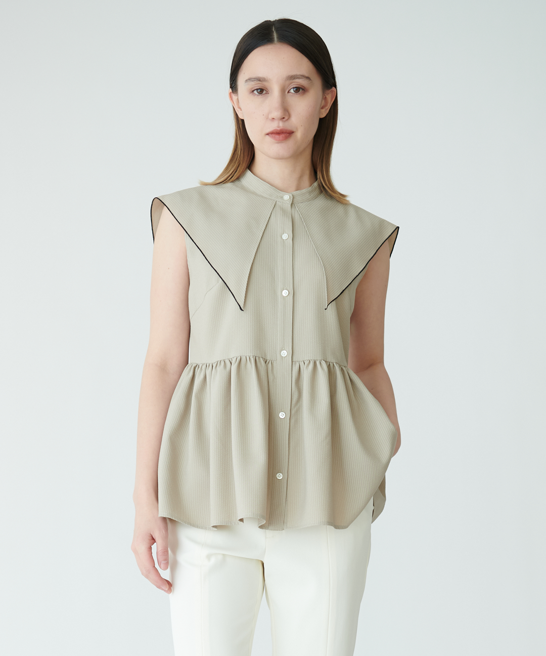 サッカーストライプノースリーブブラウス – FACE SANS FARD