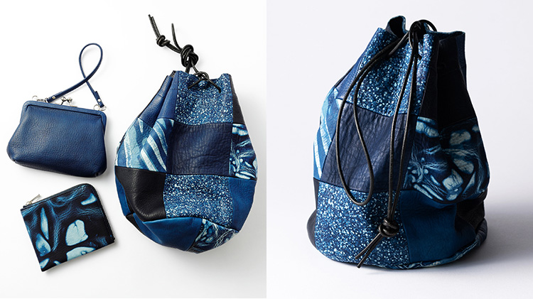 池之端銀革店】Cramp×SUKUMO Leather 藍染めパッチワーク巾着ポーチ