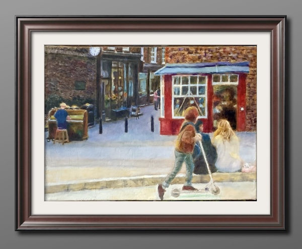 イギリス2階建て、街の風景 油彩画 イギリス2階建て、街の風景 油彩画