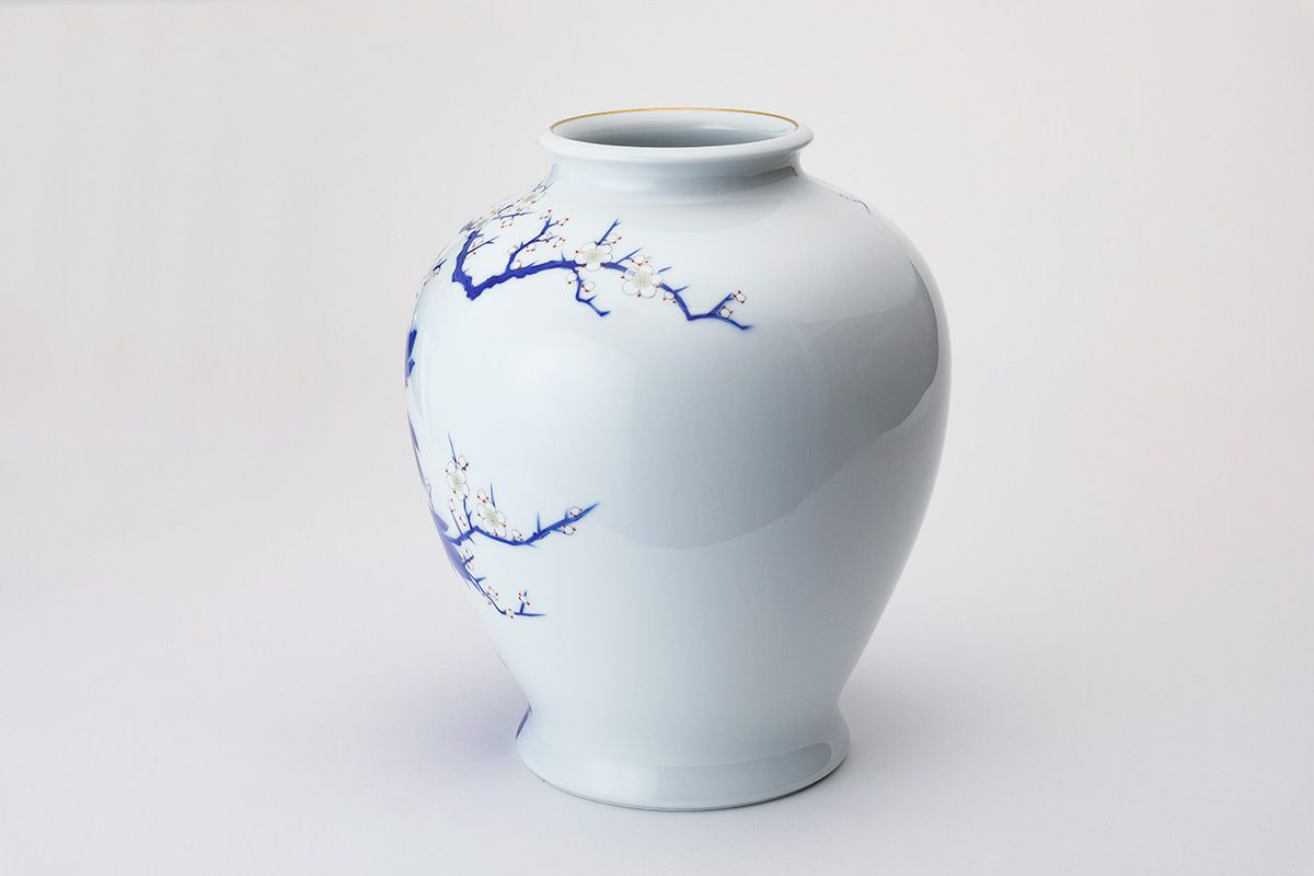 深川製磁 染付 下り藤に燕図 大花瓶 高約40.5cm 有田焼 深川製磁