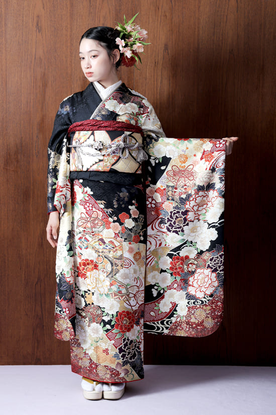 振袖 黒 モダン 古典 成人式 前撮り C1450 化繊・仕立て上がり 振袖 黒