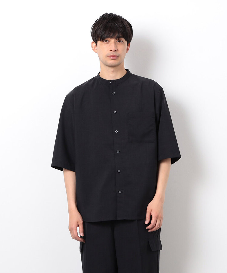 セットアップ対応】リネンライク ポリエステル バンドカラー 5分袖