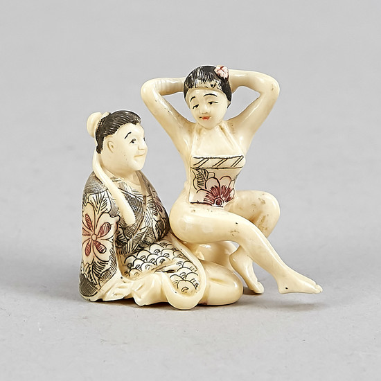 Two Japanese shunga figures around 1900, ivory carved in Germany