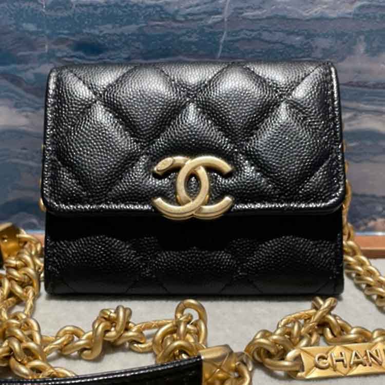 CHANEL シャネル キャビアスキン 黒 デカココ 長財布 チェーン