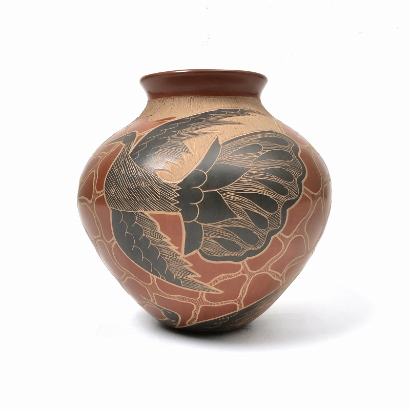 マタ・オルティス陶器 by Lupe Soto 黒い鳥 赤褐色 壺｜マライカ公式通販