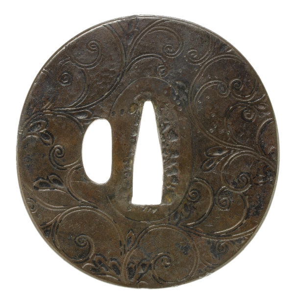 金象嵌麻模様 不思議な模様の銅覆輪 鉄鐔 無銘 拵え刀装具(