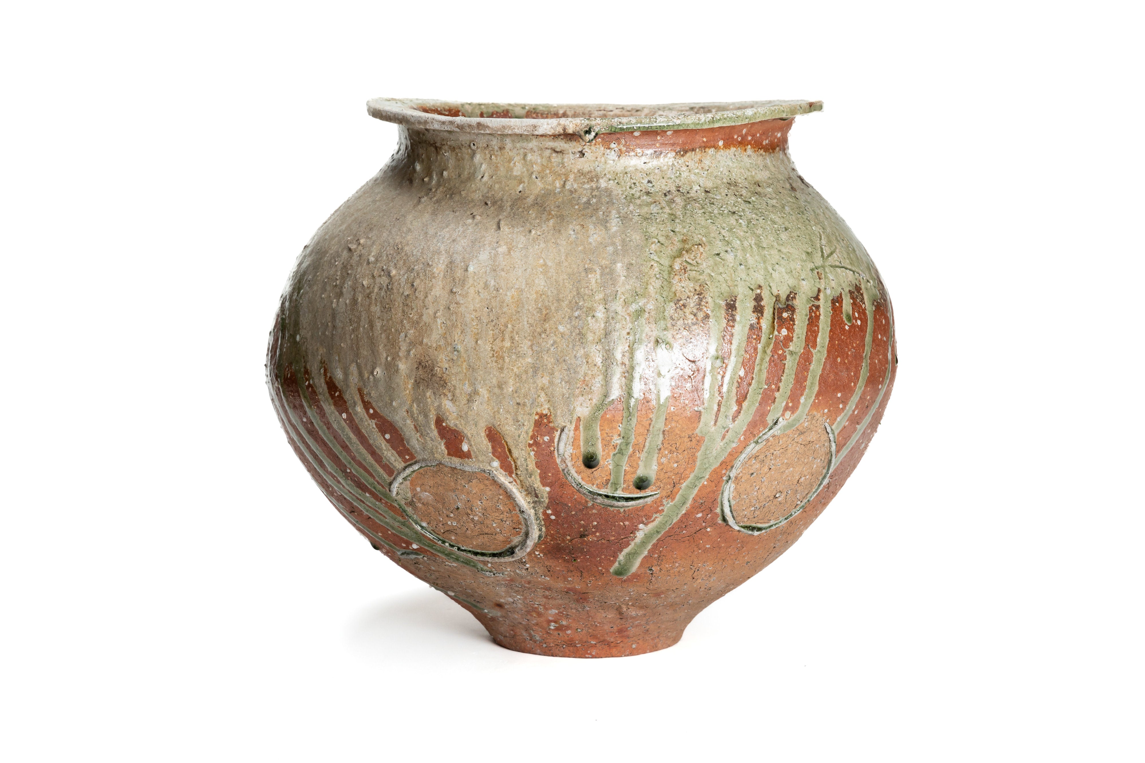 大壺 陶器製の丸い壺（白と茶色） 大壺 陶器製の丸い壺（白と茶色）