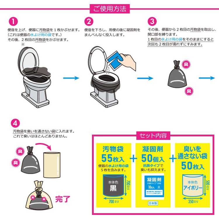 臭いをWブロック 緊急用トイレセット 50回分 WC50 ｜ あんしんの殿堂