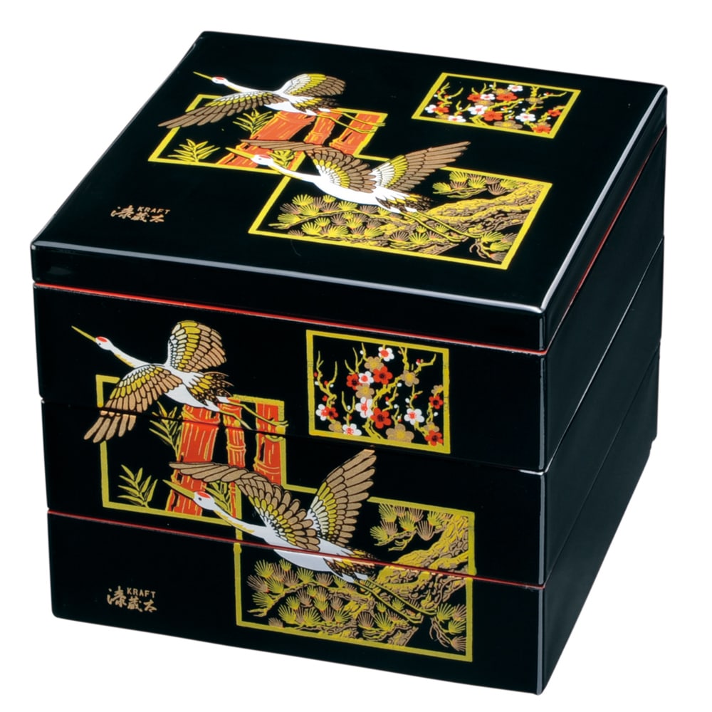 紀州塗り 7寸 三段 重箱 黒内朱 吉兆鶴 【 運動会 大型 弁当箱