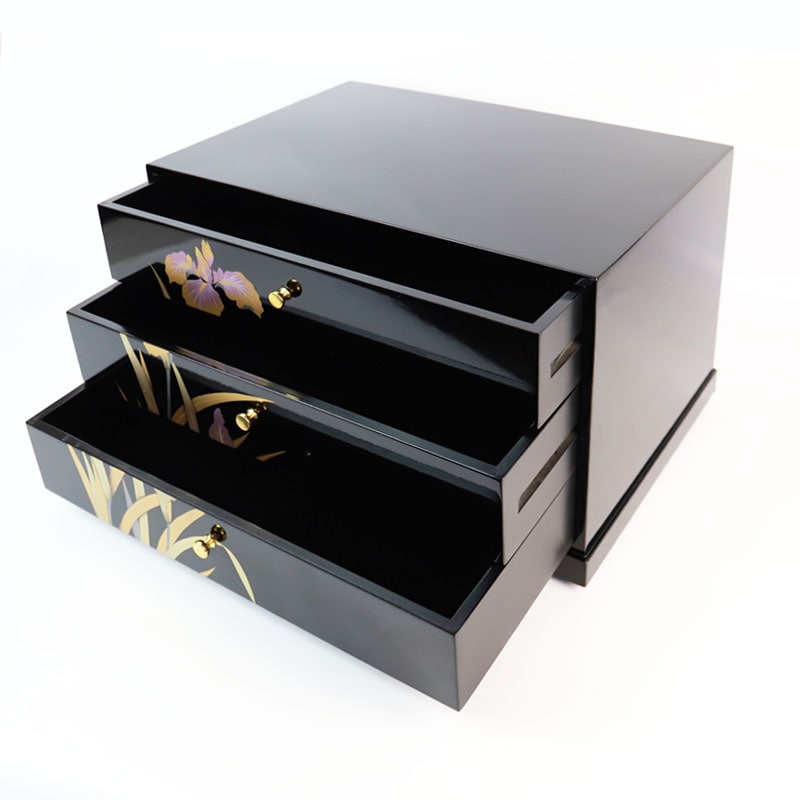 3段引き出し 収納ケース 紀州塗り A4判 卓上 三つ引きタンス 蒔絵 金