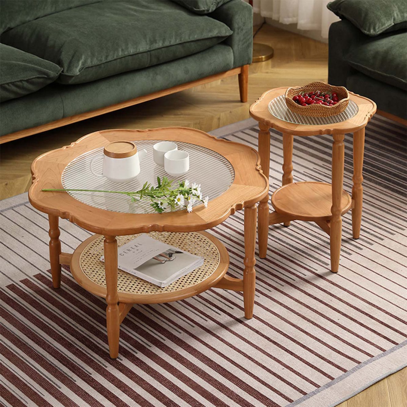 サイドテーブル ガラス コーヒーテーブル 丸 ガラステーブル ラタン