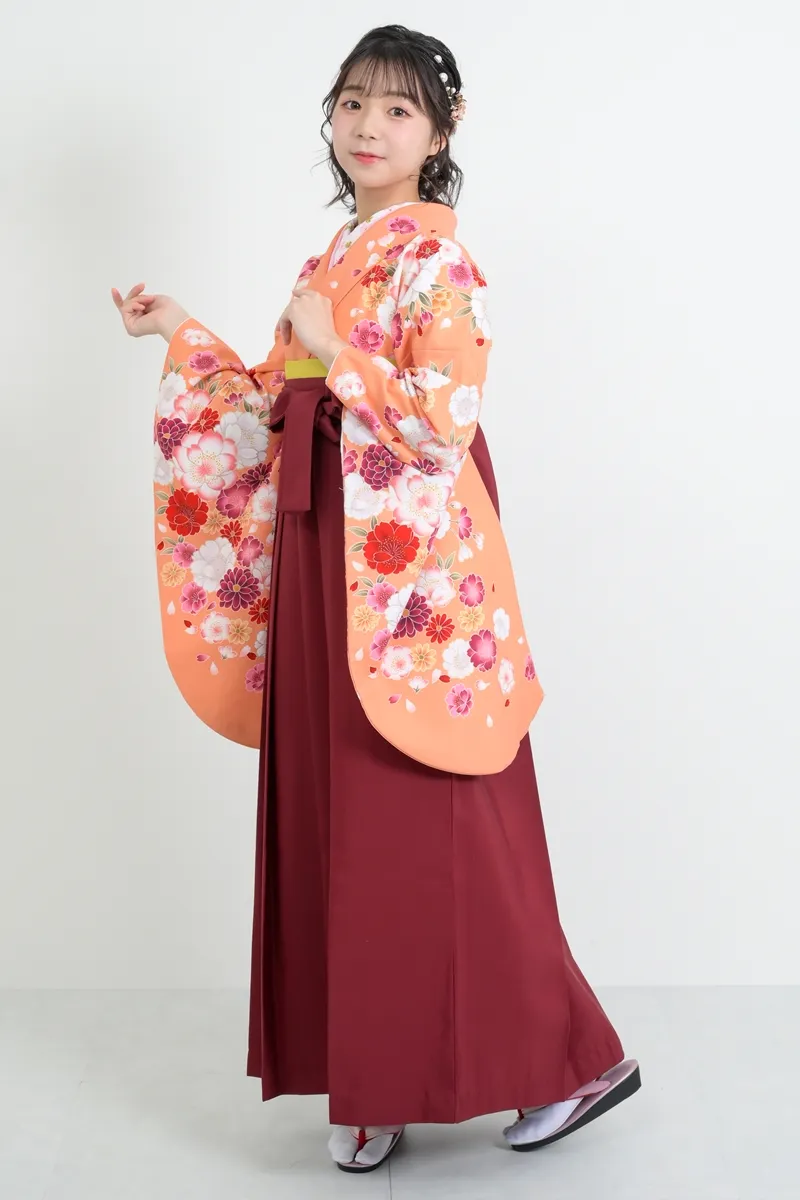 着物】ｵﾚﾝｼﾞに袖ｺｲﾋﾟﾝｸラメ桜+【袴】エンジ│ネットで簡単・便利に☆袴