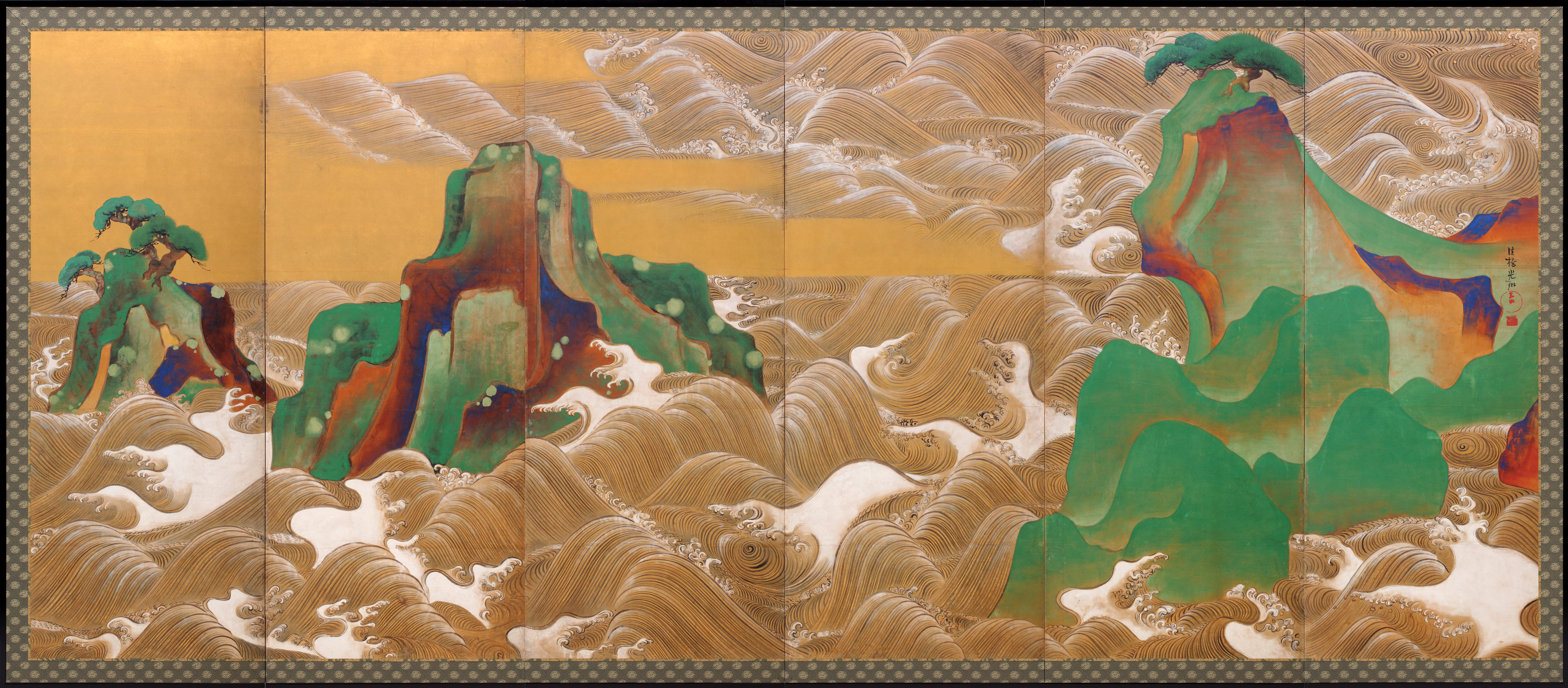 四つ折り屏風 日本画 金箔彩色 蒙古襲来図 四つ折り屏風 日本画 金箔