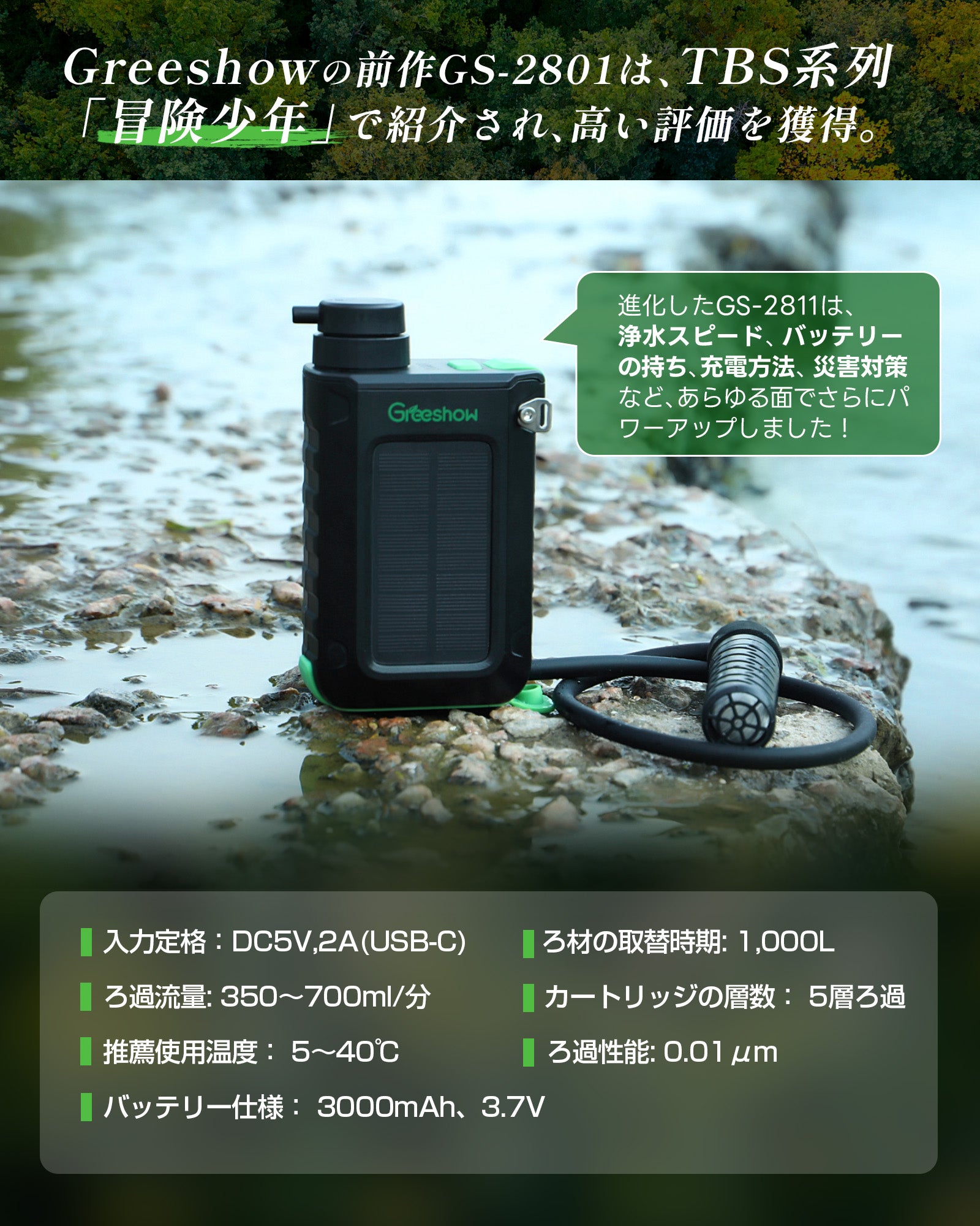 Greeshow GS-2811 携帯浄水器 電動 ソーラー充電 手回し発電 0.01μm