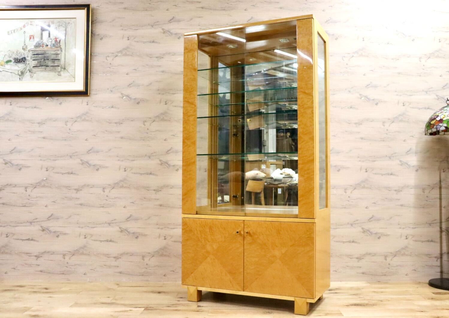 カントリーシャビー キュリオケース タイル天板 背面ミラー 引き出し