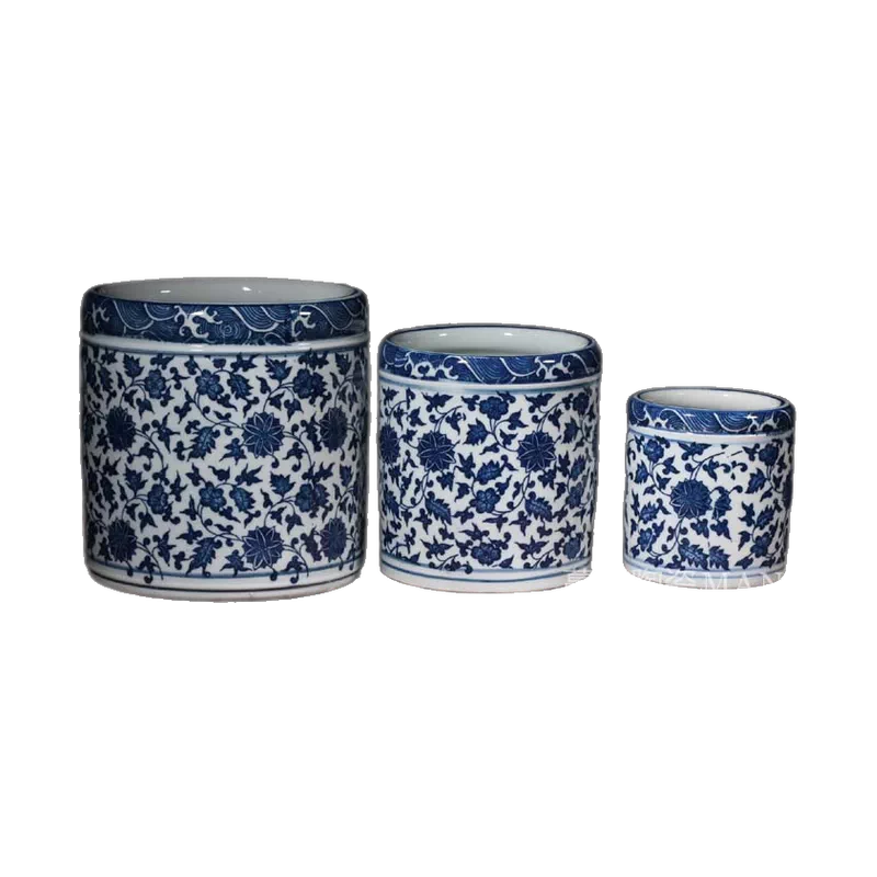 中国 青花 武人紋 紙 筆筒 時代物 古美術 DT442 中国 青花 武人紋 紙