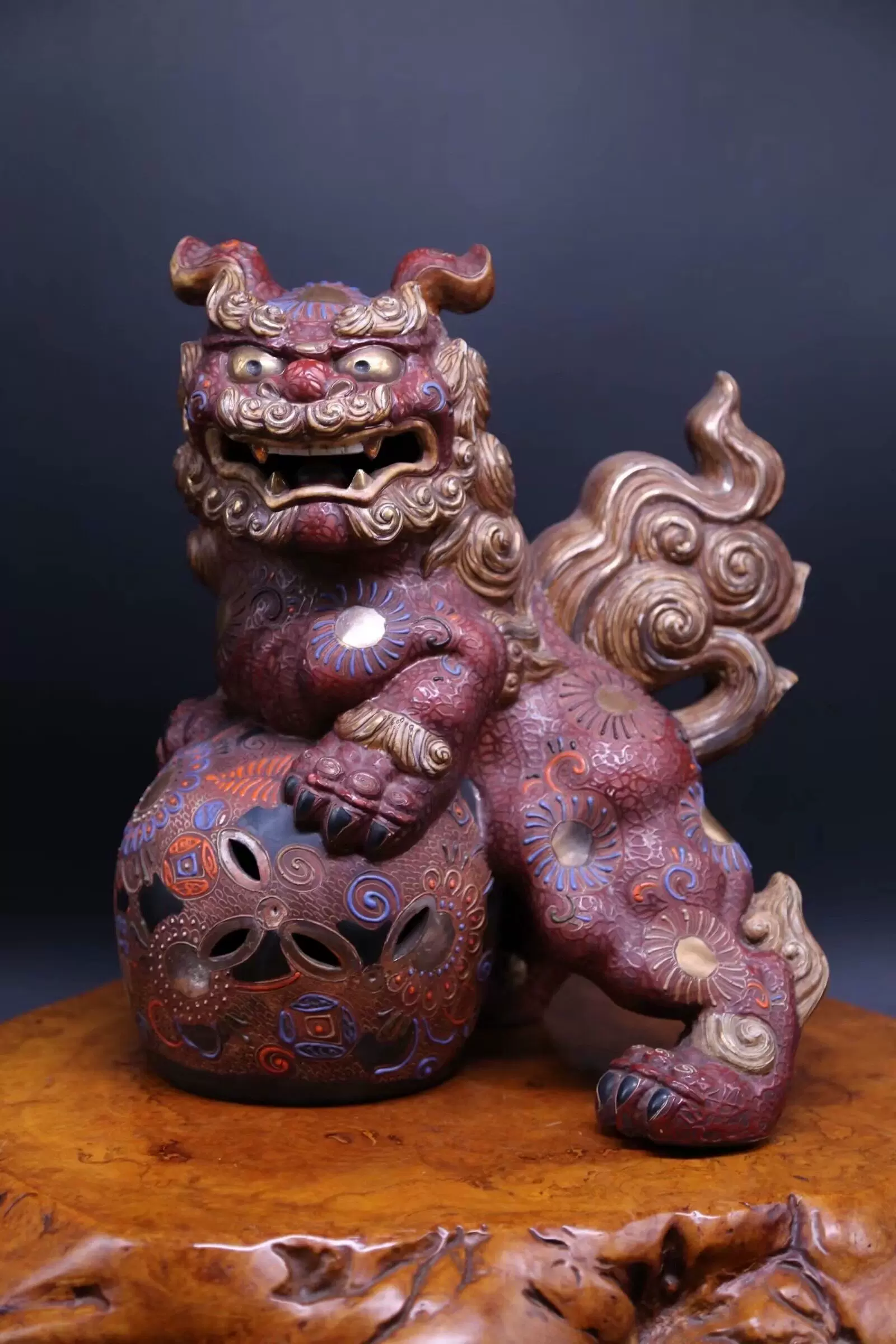 江戸後期~明治青九谷獅子香炉木箱付高さ14㎝東Y6-0723⑤トヒトコ