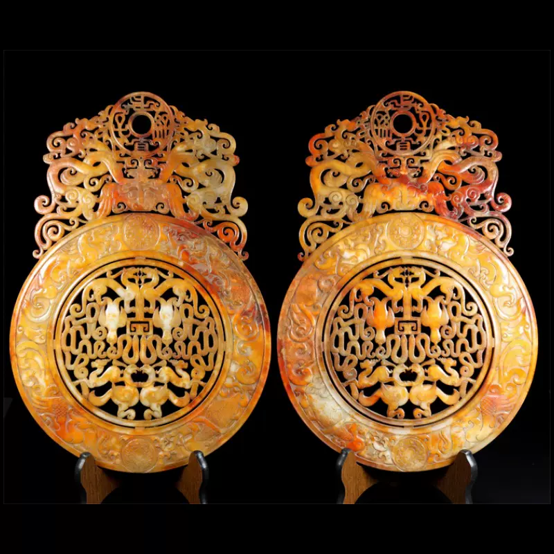 中国古美術 本物和田玉 根付 玉璧 龍鳳紋 旧蔵 コレクション 透かし