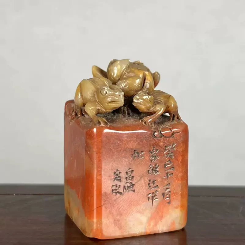 旧家蔵出『金石篆刻 寿山石彫り 蓮紋印章 福厂作款 共箱』古美術品 骨董品