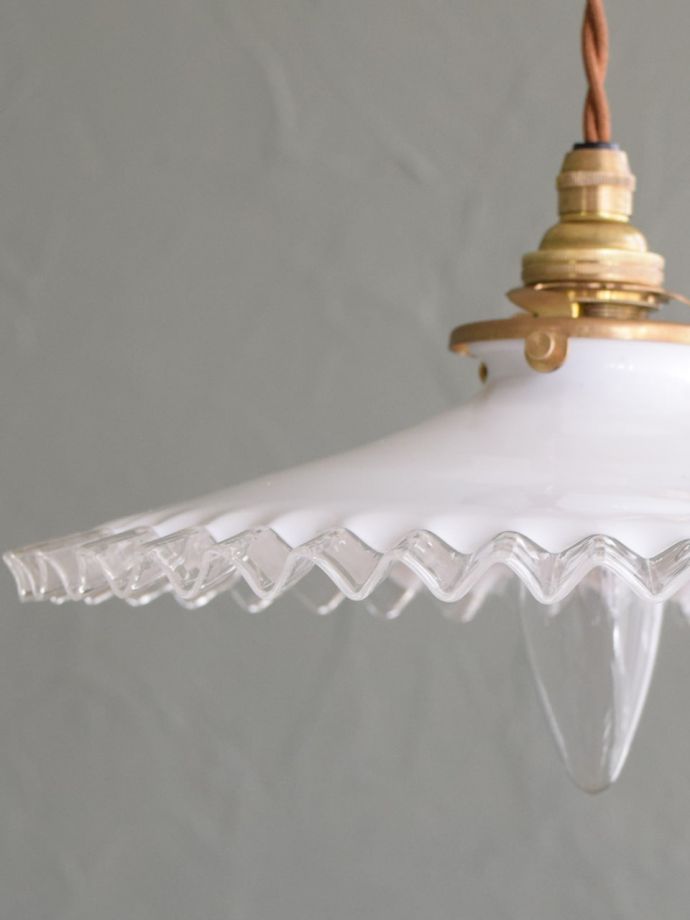 アンティーク フランス 透明＆ミルクガラスフリル シーリングランプ