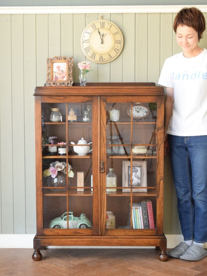 英国アンティークの扉付き本棚、オーク材のおしゃれなブックケース(j