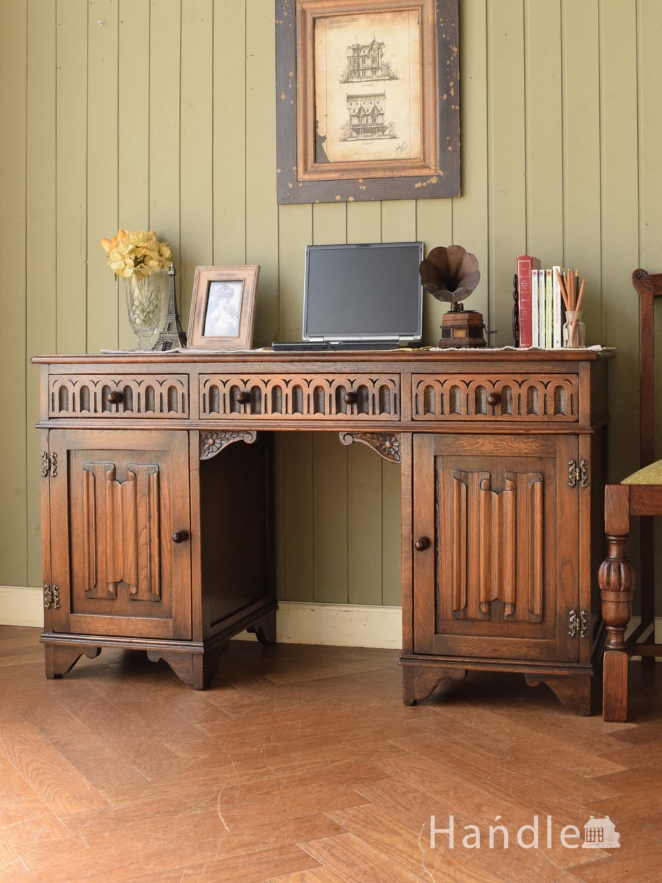 イギリス製 アンティーク 家具 デスク 机 収納 書斎 作業台 英国 6047e