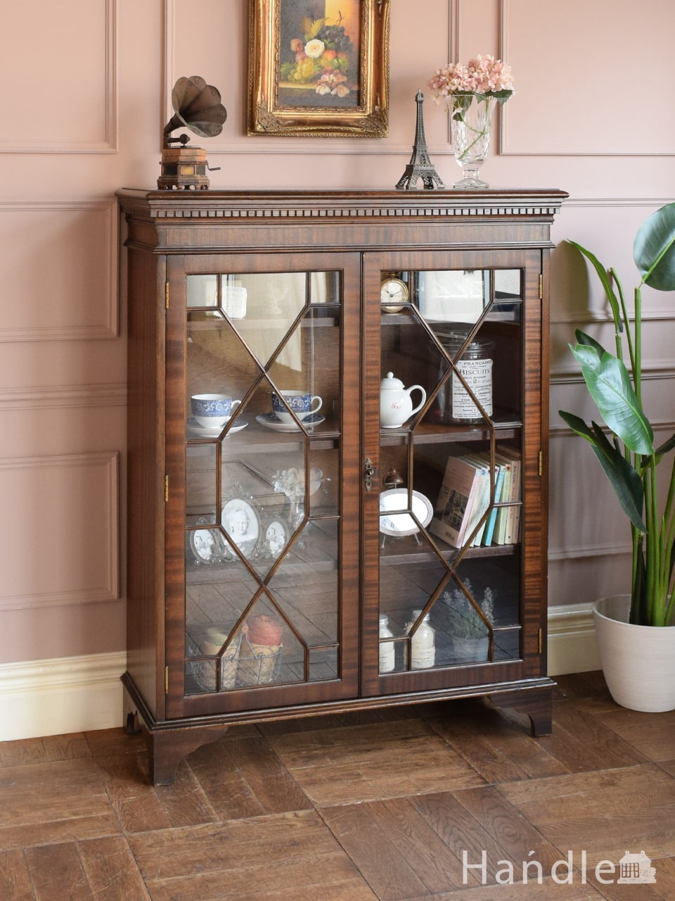 英国アンティーク木製ブックケースキャビネット/本棚/食器棚/飾り棚(87-86)