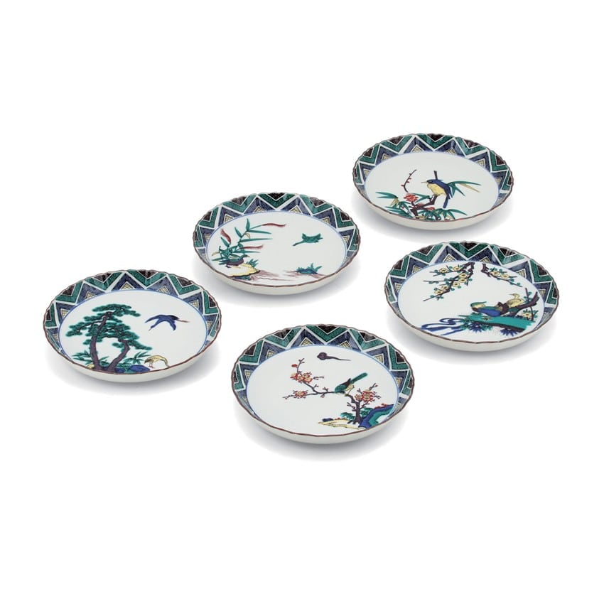 古九谷 九谷焼 輪華皿 陽刻 花の図 蔵出し 5客 古九谷 九谷焼 輪華皿