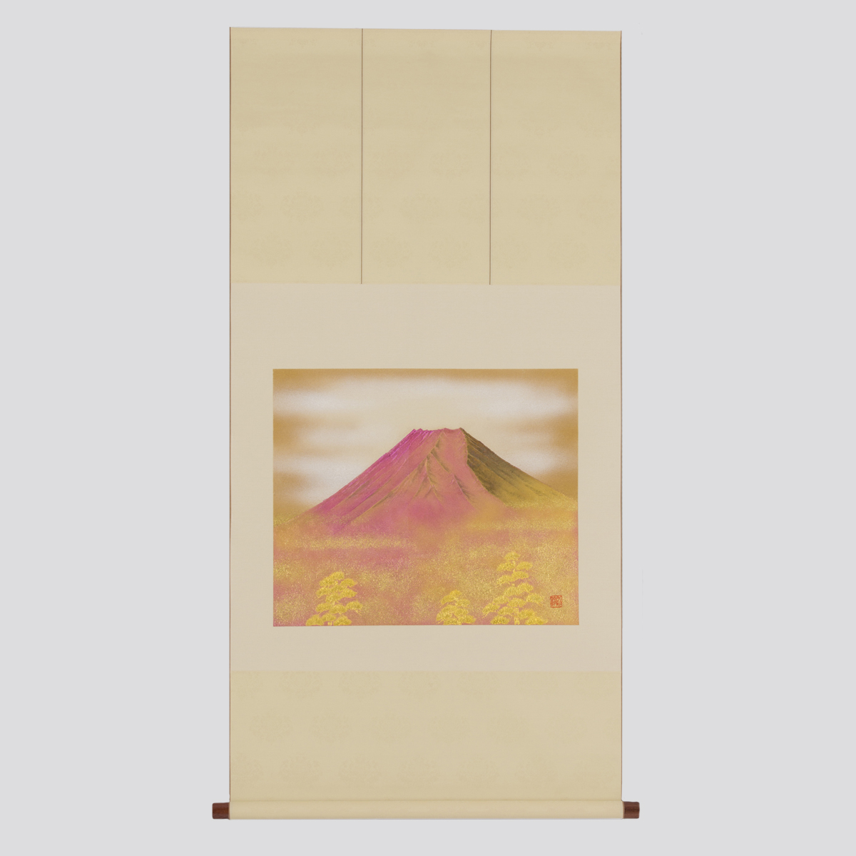 富士山の日本画 掛け軸 木製ケース付き