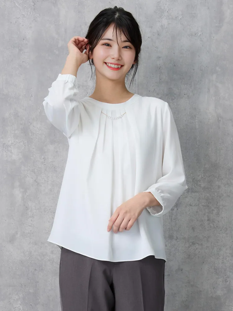 オフホワイト 【透けにくい】フロントパ－ル取り外し 2WAYブラウス 7分