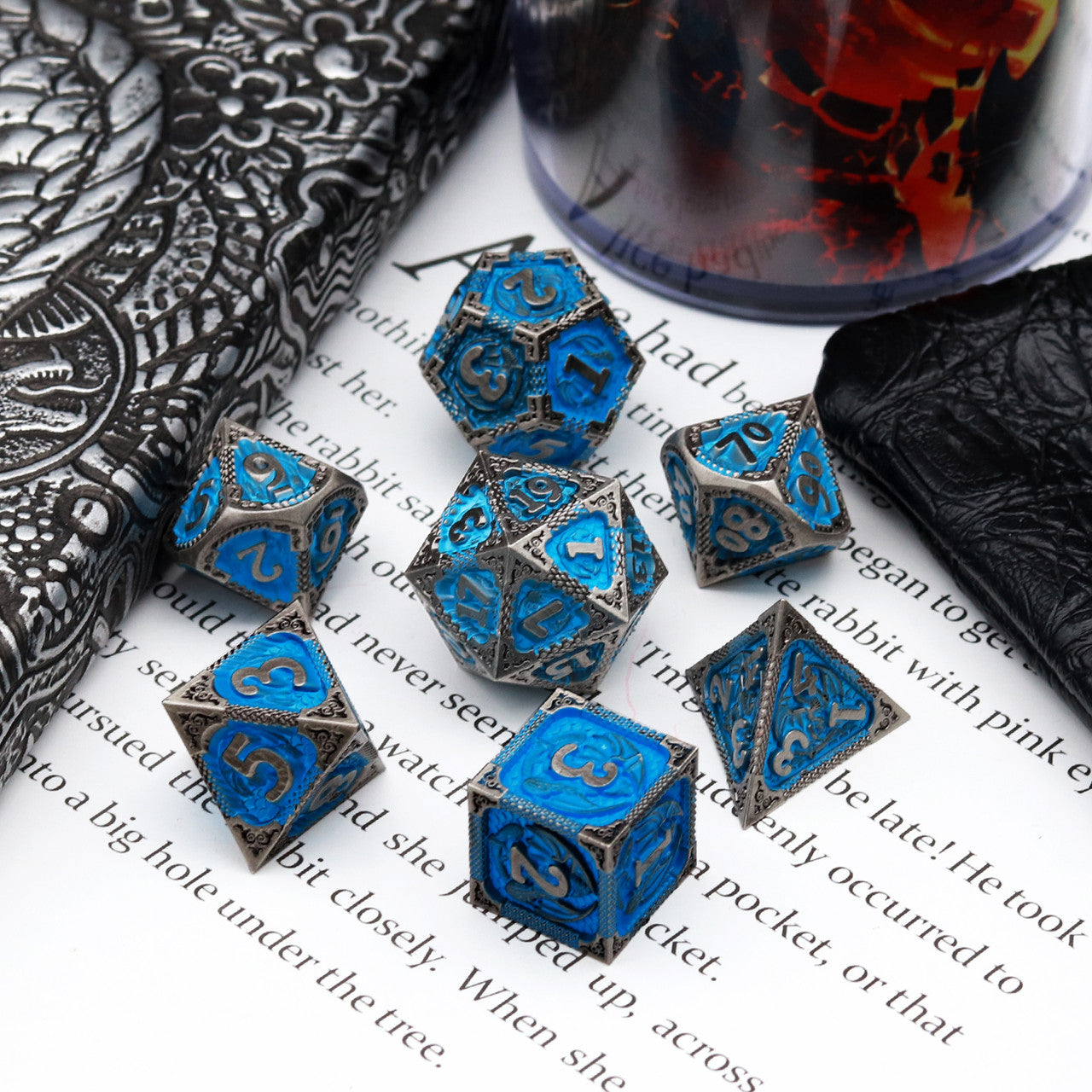 Haxtec Metal DND Dice Set With Leather Dice Bag Antique Iron Matt