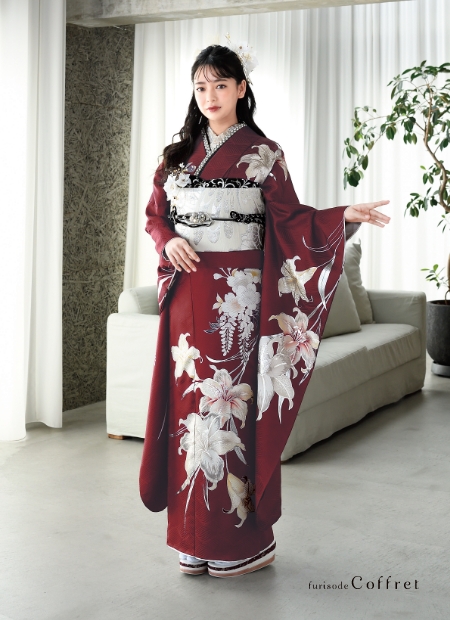 黒地 シック 大輪牡丹振袖フルセット 赤/レッド/古典柄/レトロ/モード