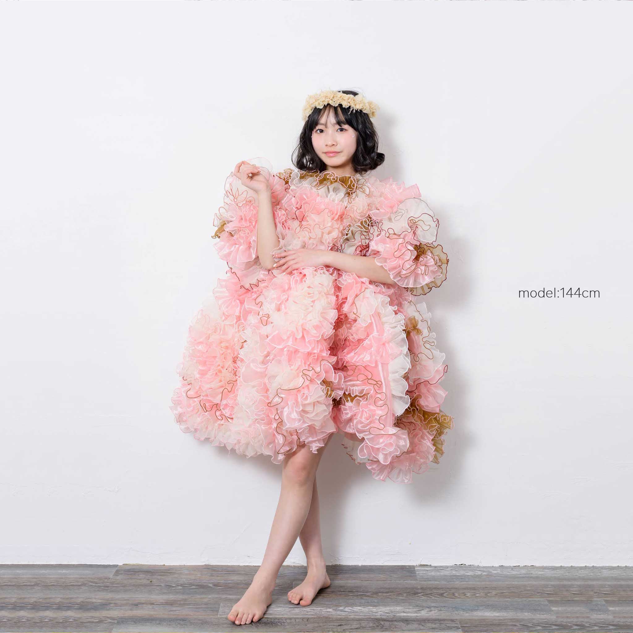 ramarama｜パフピンクのエッジングチュールドレス｜キッズレンタル