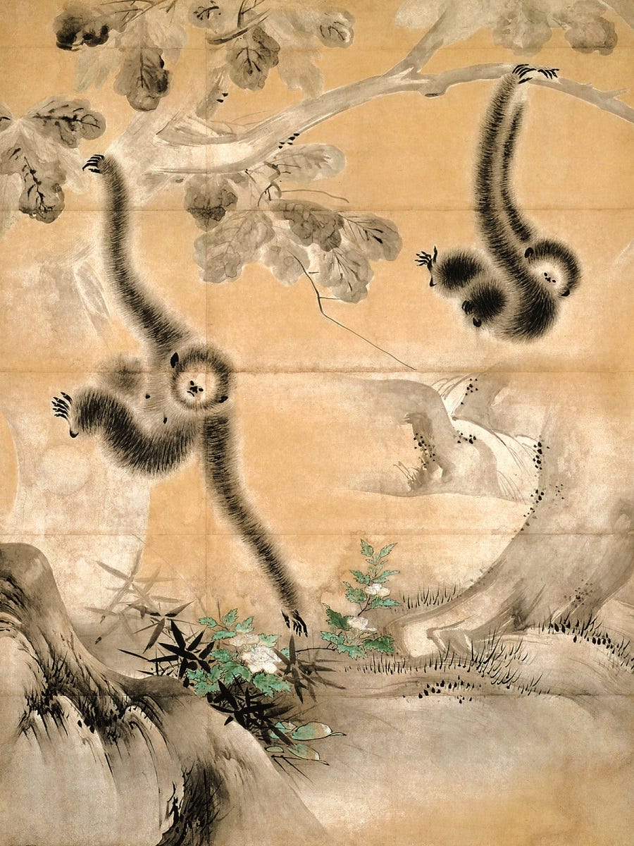 絹本 松に親子猿図 松に猿画 作家物 絹本 松に親子