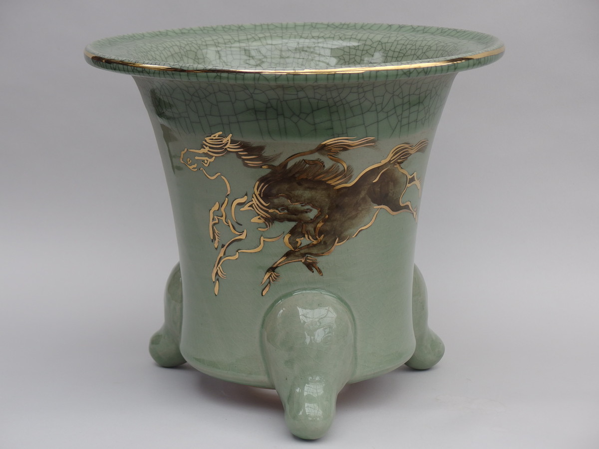 相馬焼 相馬やまさか 壺 花瓶 花器 陶器 金彩 青磁 跳ね馬 走り駒絵