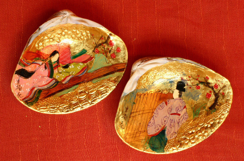 手描き 貝合わせ はまぐり桑名産 香合 源氏物語絵巻和歌 9.3×7 手描き 貝