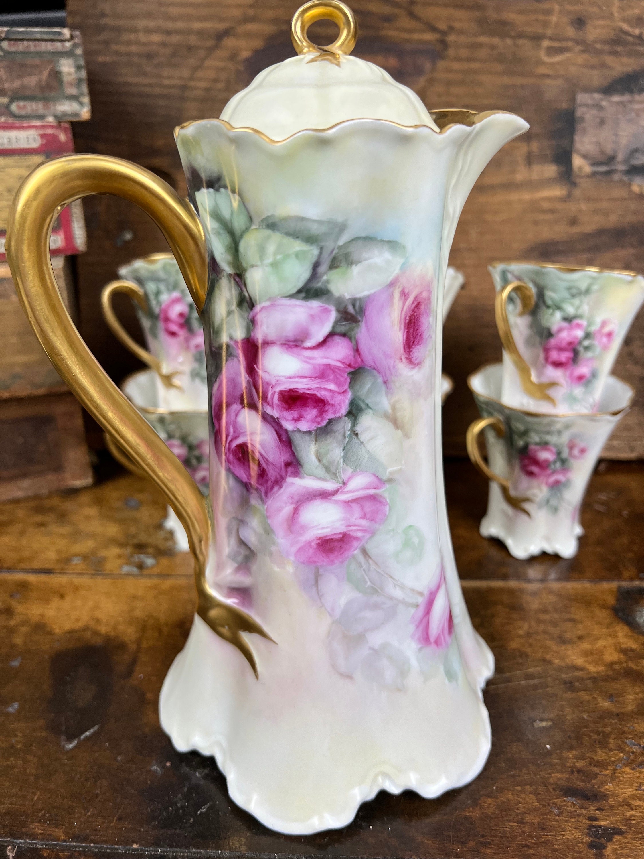 Haviland Limoges France Chocolate Pot Set Pink Cabbage Roses