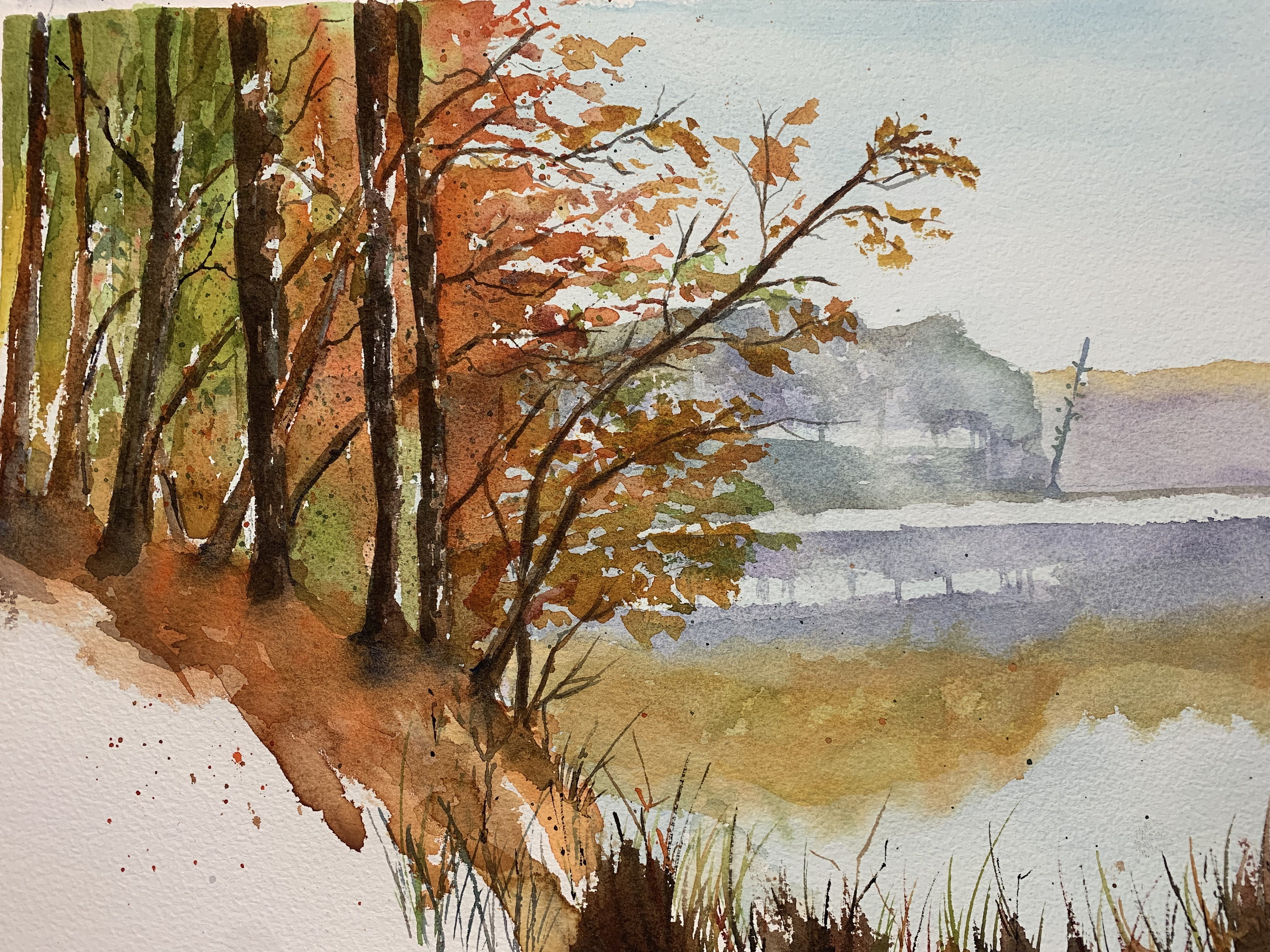 水彩画の秋の風景画、秋の風景画 - Etsy 日本