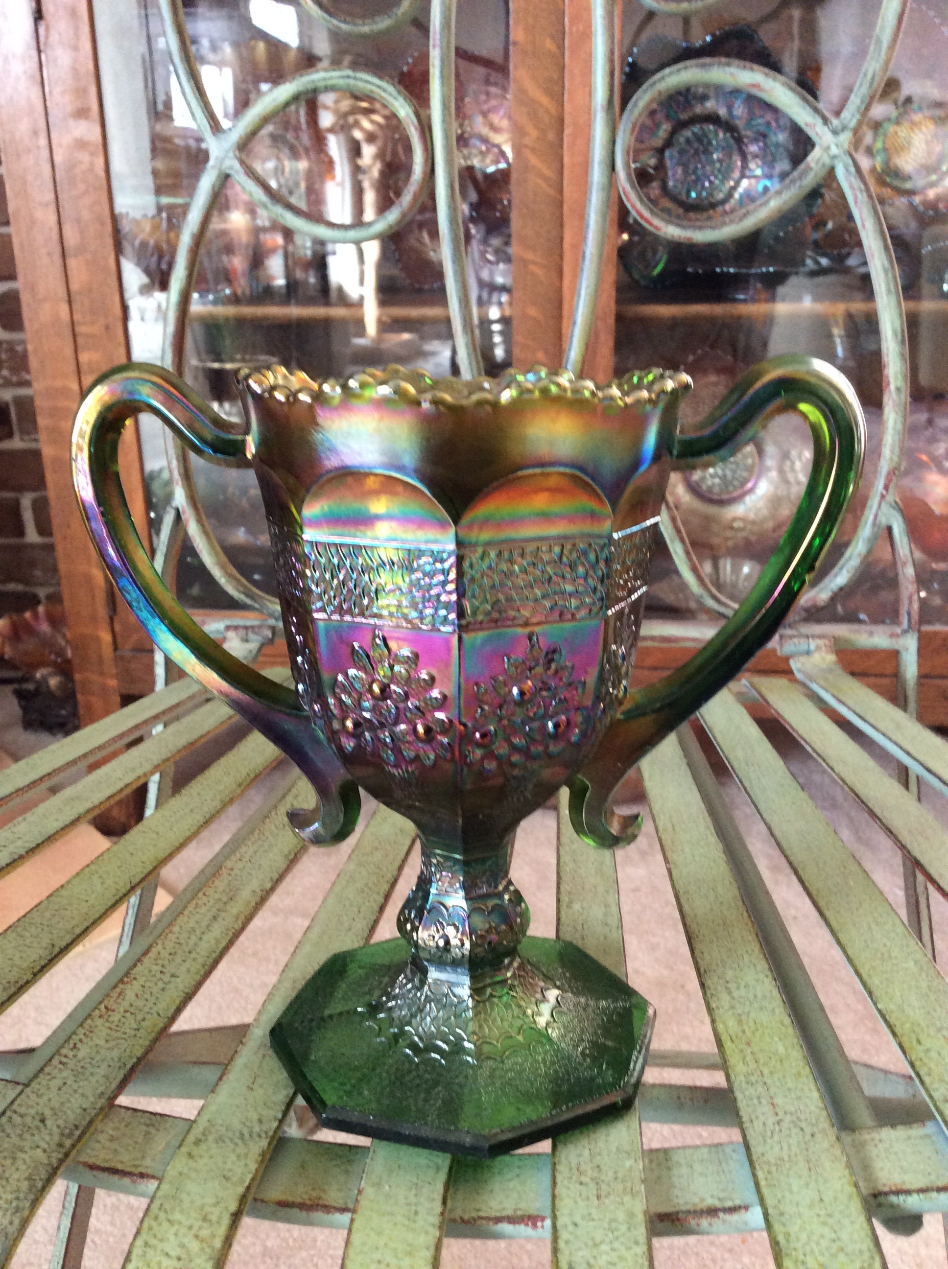 Carnival Glass Orange Tree Green Loving Cup. Produced by Fenton