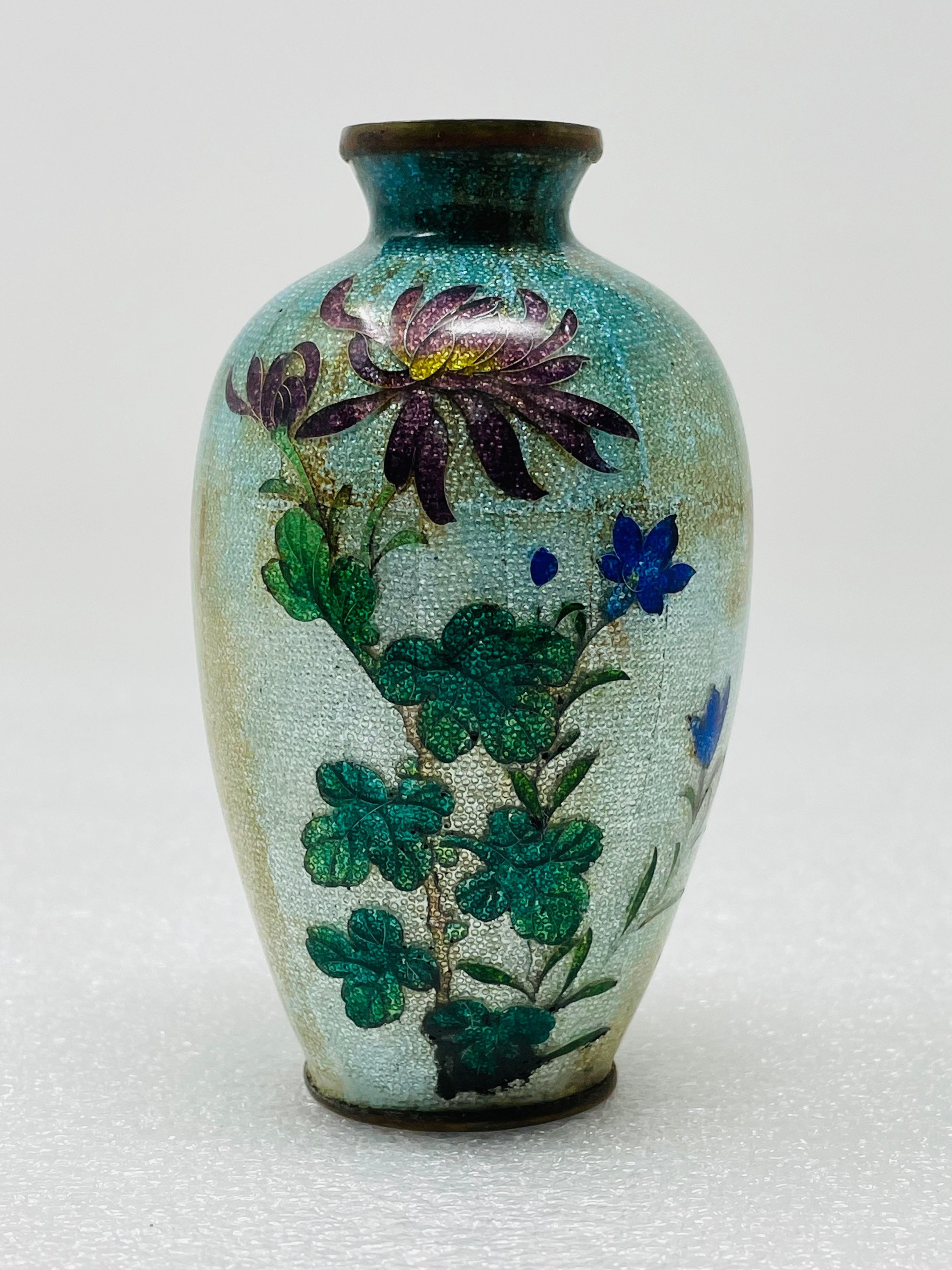 Antique Japanese Ginbari Silver Foil Miniature 3.5” Vase Turquoise