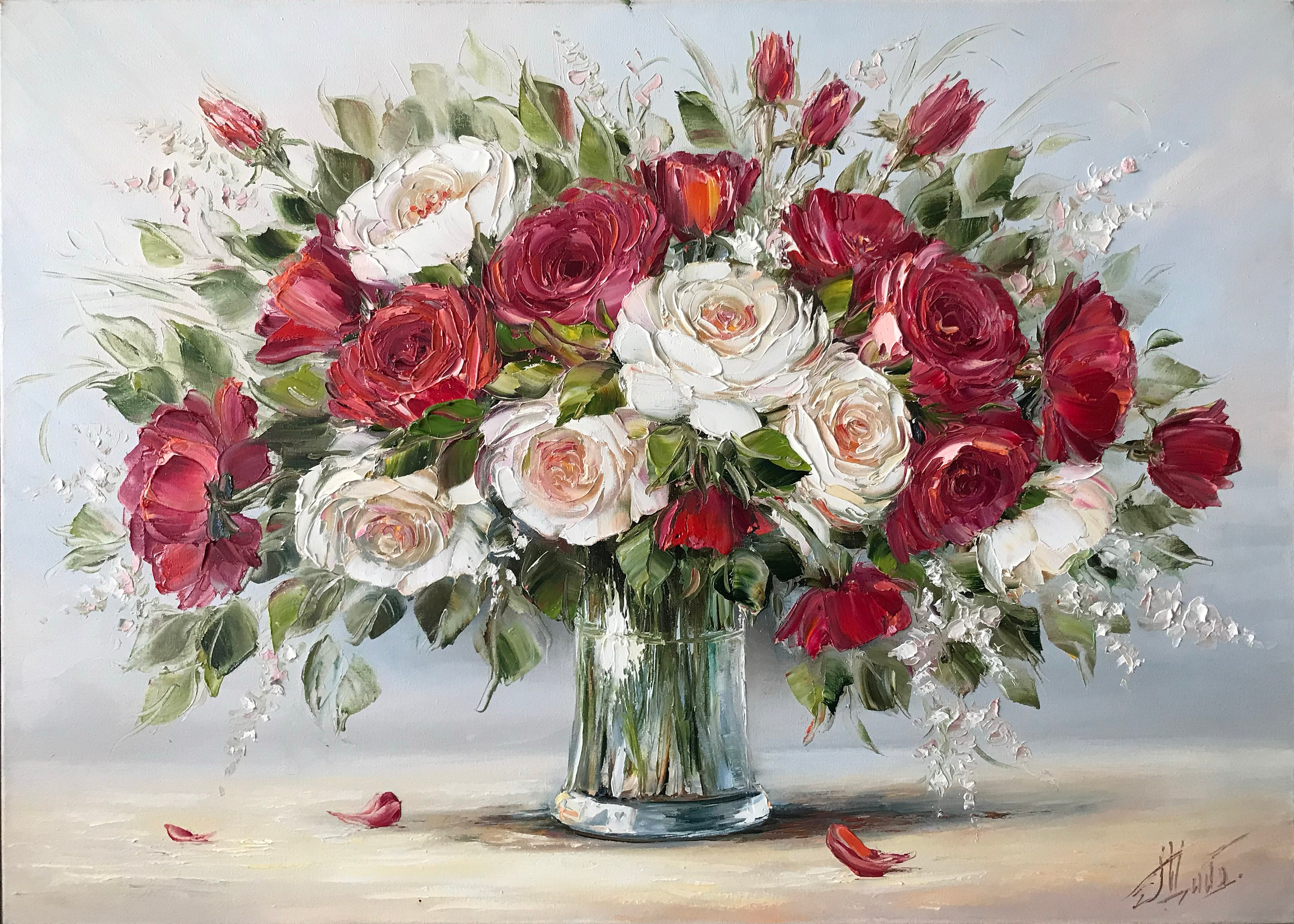 油彩画 バラの花束 金色フレーム 約42cm x 32cm 油彩画 バラの花束