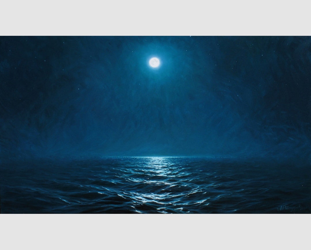 夜の海の油絵：アレクサンダー・シェンデロフによるキャンバスの