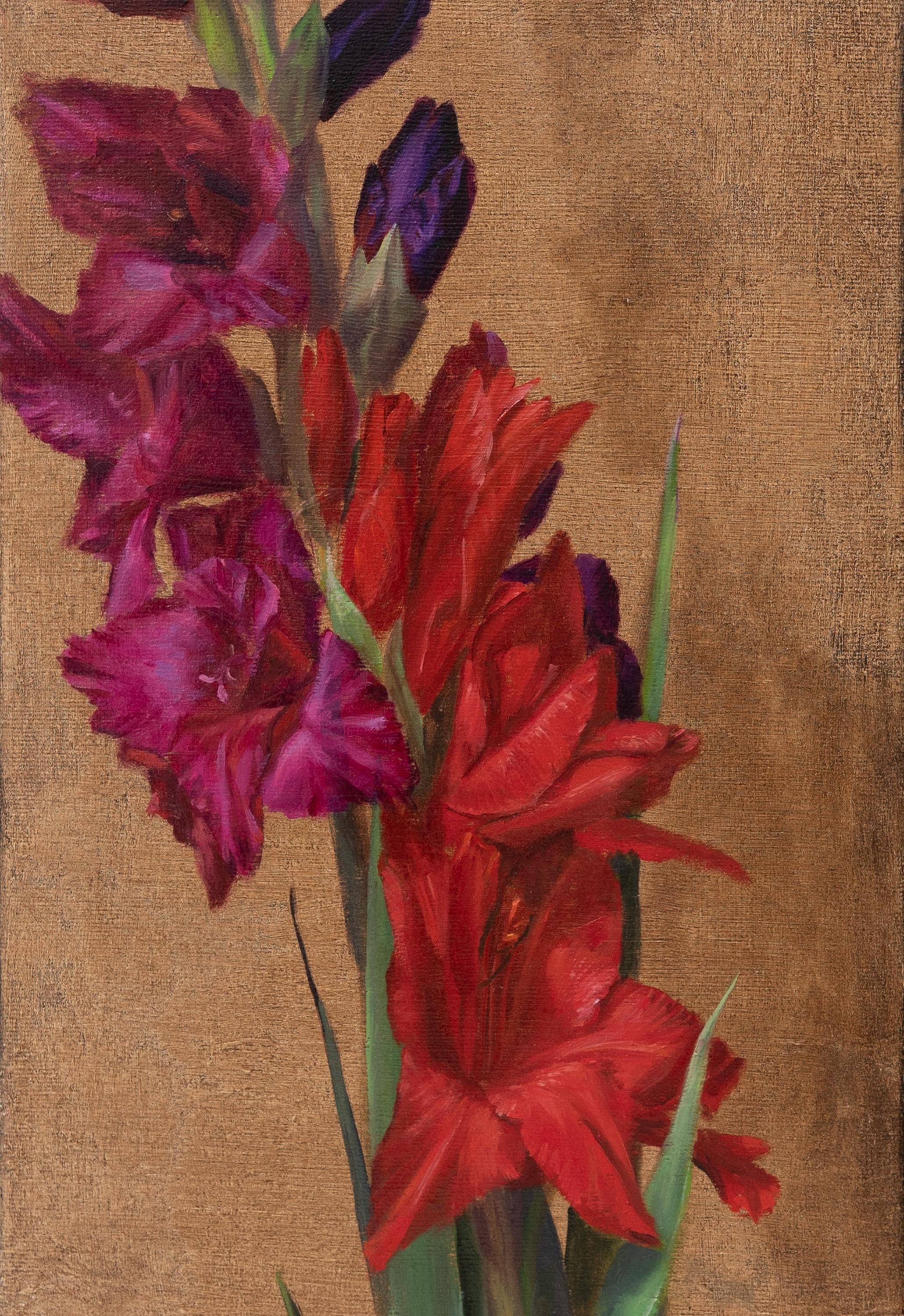オリジナルのグラジオラスの油絵：赤、ピンク、紫の花のアート、印刷物