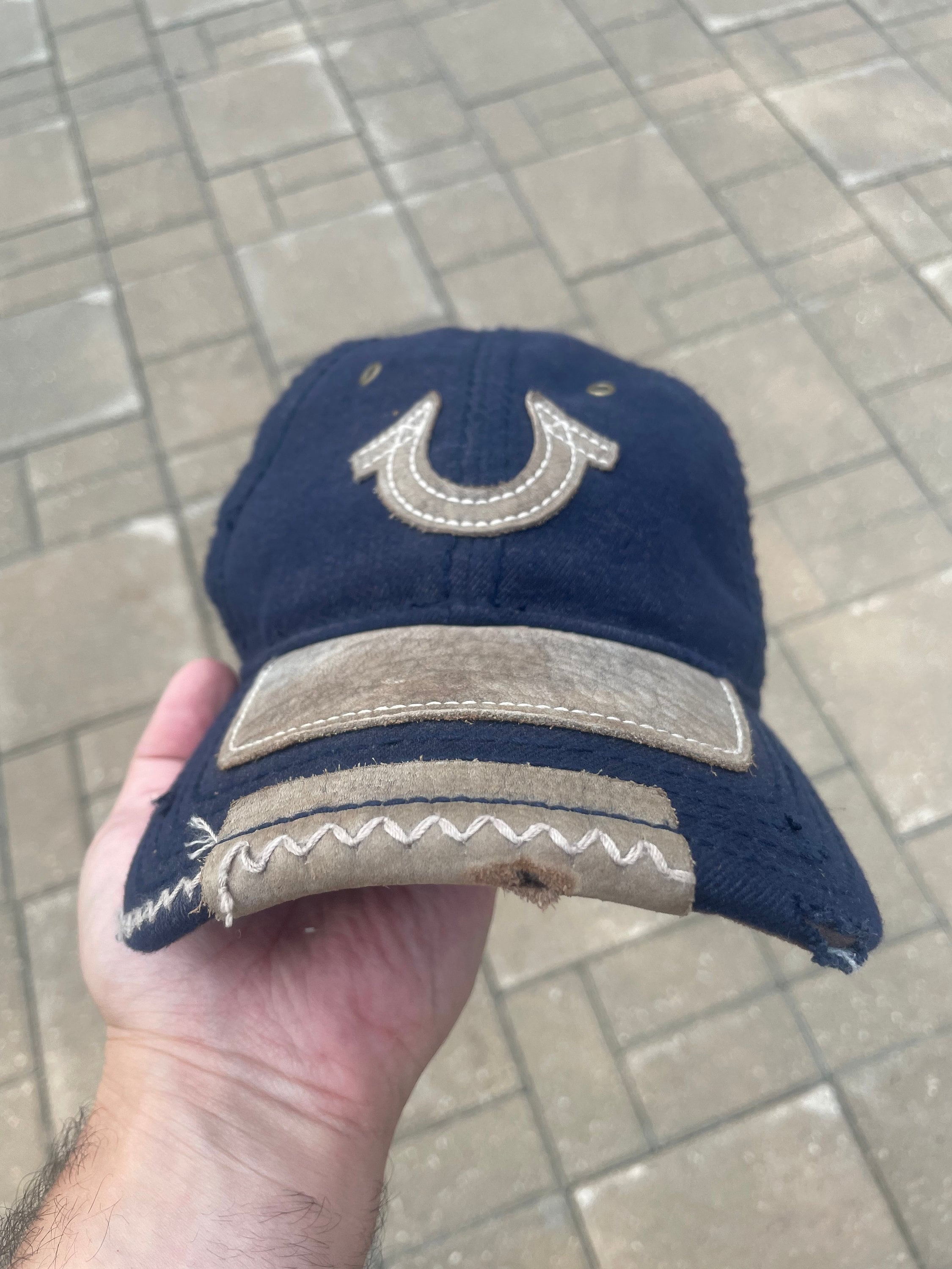 True Religion Distressed Trucker Hat Leather Snap Back 2 Chainz